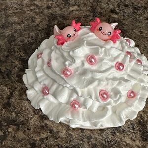 Faux Mug Topper With Axolotls and Pink Clay Beads, 3 1/2” Base